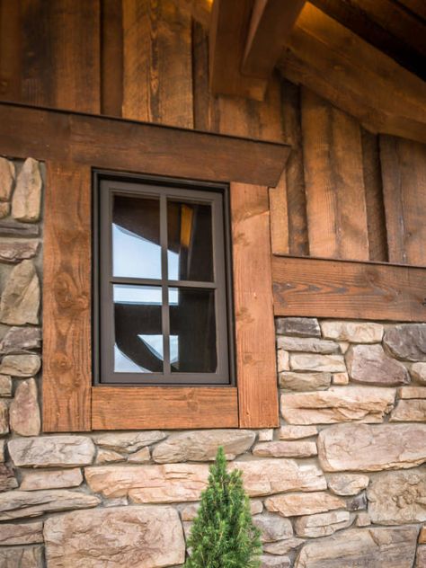 Stone Work! Exterior Window Trim Ideas, Rustic House Exterior, Exterior Window, Rustic Exterior, Window Trim Exterior, Cabin Exterior, Rustic Window, House Siding, Exterior Stone