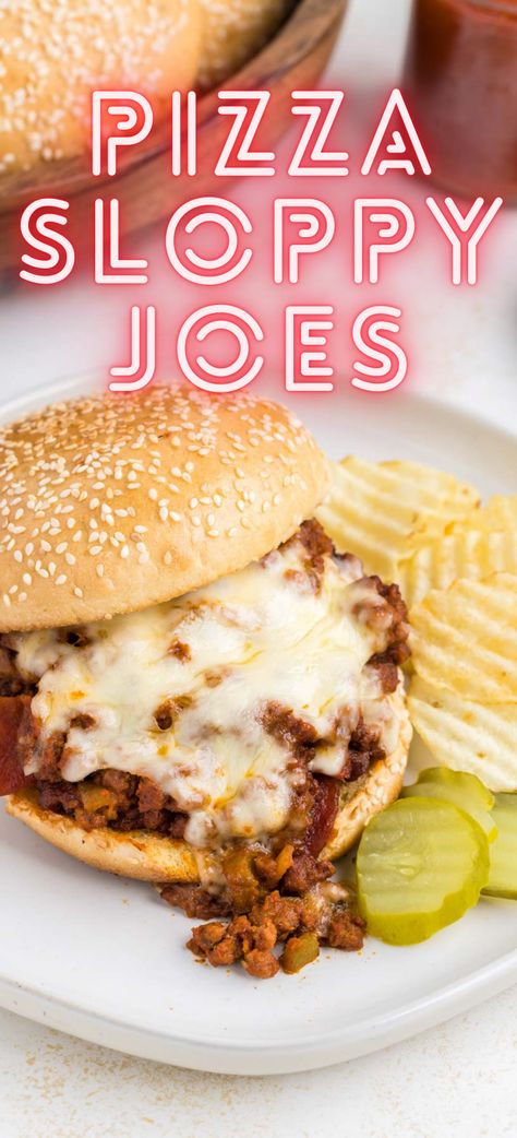 Pizza Sloppy Joe on a white plate with a side of sliced pickles and ruffled potato chips. Pizza Sloppy Joe Recipe, Fancy Sloppy Joes, Pizza Joes, Sloppy Janes, Pizza Sloppy Joes, Joe Sandwich, Homemade Sloppy Joe Recipe, Sloppy Joes Sandwich, Grilled Sandwiches