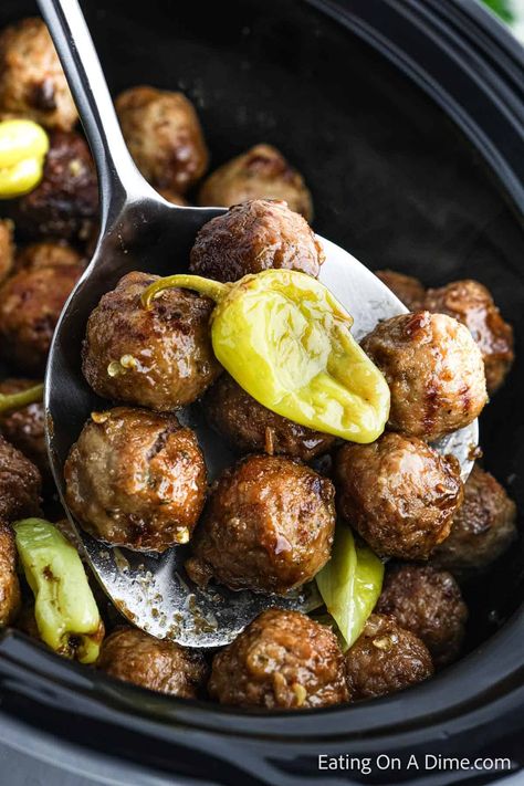 Crock Pot Mississippi Meatballs - Eating on a Dime Mississippi Meatballs, Frozen Meatballs Crockpot, Spicy Meatballs Recipe, Quick Bread Recipes Easy, Eating On A Dime, Au Jus Gravy, Meatball Recipes Easy, How To Cook Meatballs, Quick And Easy Soup