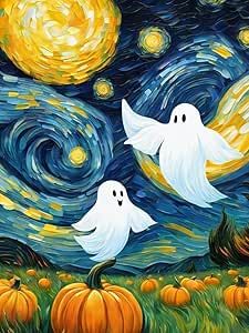 Canvas Drawings Halloween, Autumn Art Painting, Big Canvas Painting Ideas Halloween, Fall Painting Ideas Easy, Fall Paintings On Canvas Easy Ghost, Ghost Fall Painting, Halloween Cat Paintings On Canvas, Fall Canvas Painting, Fall Canvas