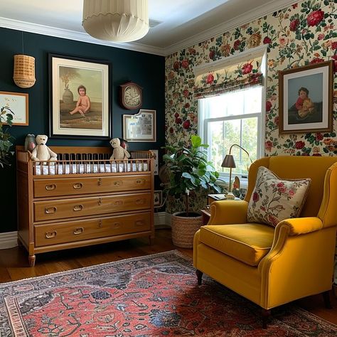 As we enter 2025, a fresh trend is emerging in nursery design: eclectic vintage aesthetic. This style departs from the stark, minimalist all-white look that has dominated design in recent years, opting for warm, comforting spaces that combine vintage... Jewel Tones Nursery, Old House Nursery, Jewel Toned Nursery, 70s Inspired Nursery, Nursery Aesthetic Colorful, Jewel Tone Nursery Girl, Nursery Ideas Cottagecore, Maximalist Nursery Decor, Cottage Style Nursery