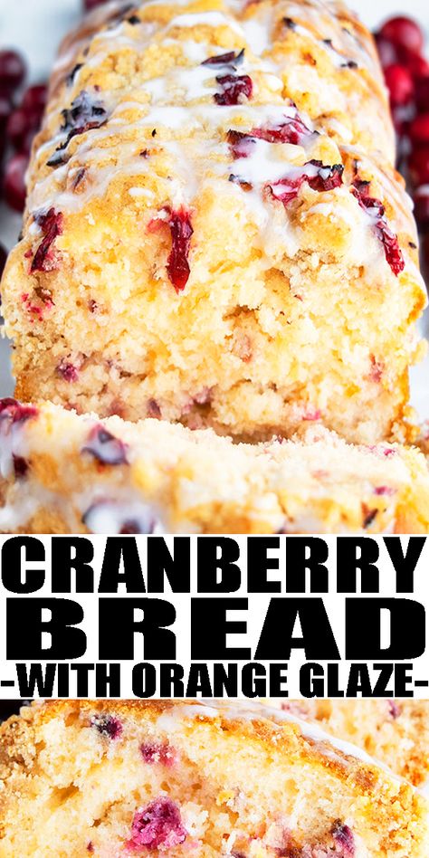 CRANBERRY BREAD RECIPE- Easy cranberry orange bread with orange glaze, homemade with simple ingredients. Loaded with fresh cranberries, oranges, butter. Soft, moist but still firm. Perfect for breakfast, brunch or dessert during Christmas holidays or even Thanksgiving. Can also add banana, pumpkin, apples, nuts, From CakeWhiz. Cranberry Bread With Orange Glaze, Cranberry Bread Recipes, Orange Bread, Thanksgiving Brunch, Cranberry Orange Bread, Christmas Bread, Holiday Bread, Cranberry Bread, Orange Glaze