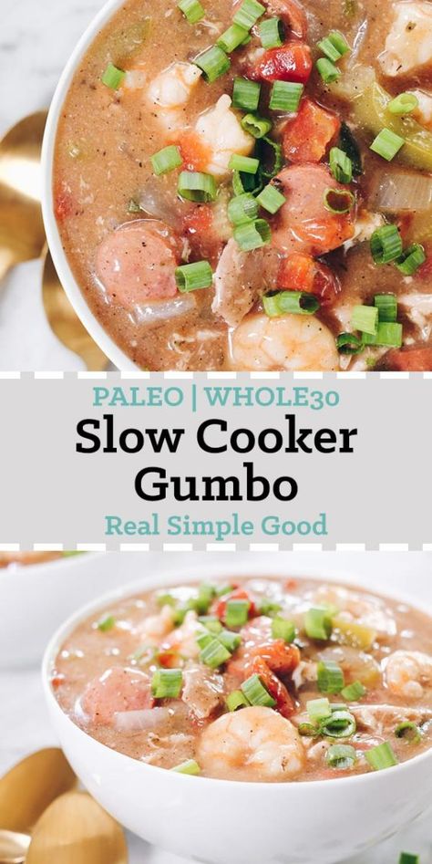 This Paleo gumbo is packed it with chicken thighs, sausage and shrimp in addition to veggies and lots of seasonings. It's also Whole30 compliant! | realsimplegood.com Paleo Gumbo, Slow Cooker Gumbo, Crockpot Gumbo, Paleo Slow Cooker Recipes, Stew Crockpot, Spicy Stew, Vegetarian Slow Cooker Recipes, Paleo Slow Cooker, Low Carb Slow Cooker