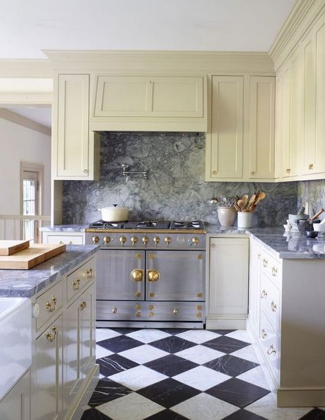 Our Take on Checkered Floors | STUDIO MCGEE | Bloglovin’ Black And White Marble Kitchen Floor, Floor Reference, Checkered Floor Kitchen, Cornue Range, Hood Kitchen, Checkered Floor, Nickel Faucet, Richard Powers, White Quartzite