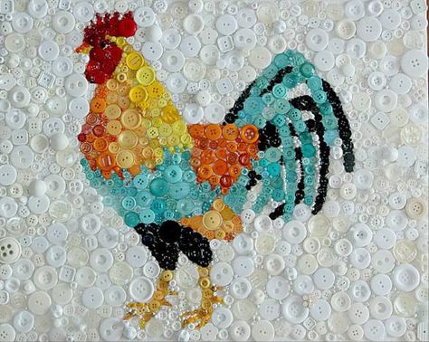 Bead On Canvas Art, Button Animals, Rooster Craft, Button Tree Art, Button Pictures, Button Art Projects, Buttons Crafts Diy, Button Projects, Seed Art