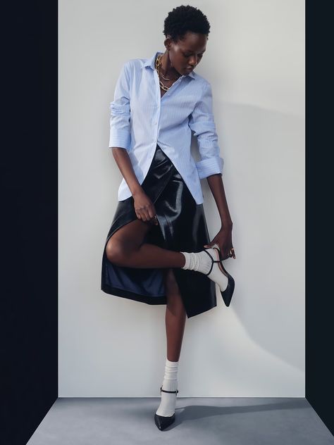 Fall 2023 Lookbook | J.Crew Denim Blazer Jacket, J Crew Collection, Jcrew Collection, Leather Midi Skirt, Perfect Closet, Leather Pant, Fall 23, Denim Blazer, Cotton Poplin Shirt