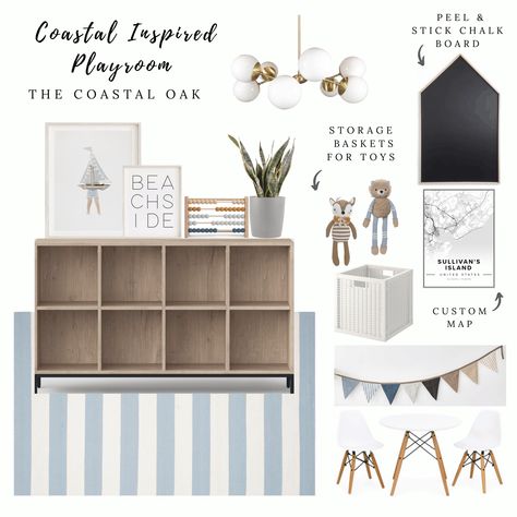 A coastal inspired playroom with toy storage and kid sized furniture. #playroom #playroomdecor #coastalplayroom #neutralplayroom #playroom #kidsplay #coastal #playroomrug #toystorage Blue Playroom, Loft Playroom, Coastal Oak, Playroom Inspiration, Playroom Table, Small Playroom, Baby Playroom, Basement Playroom, Boys Playroom