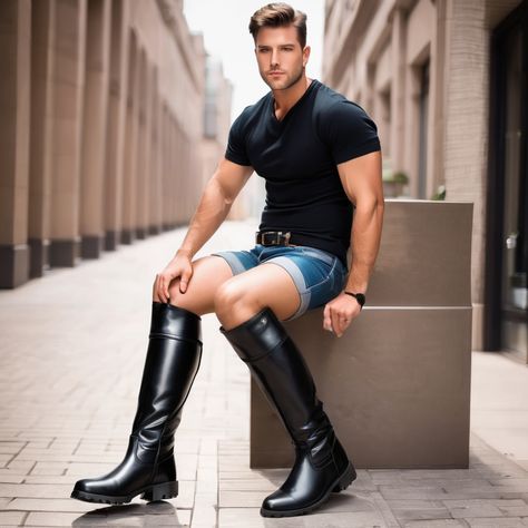 Mens High Heel Boots, Thick Guys, Mens High Boots, Elegant Boots, Computer Art, Black Knees, Image Generator, Short Shorts, Social Media Posts