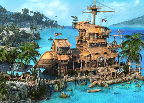 ArtStation - Pirate Tavern, SilverTM . Pirate Island, Planet Coaster, Pirates Cove, Guild Wars, Fantasy House, Fantasy City, Biome, Fantasy Places, Fantasy Setting