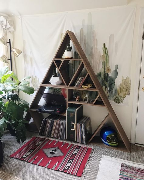 Peter🐰-San Luis Obispo on Instagram: “Finished Triangle Bookshelf. About 7 feet wide, 5 1/2 feet tall. Now I get to figure out how to deliver! 😄” Triangle Bookshelf, Plant Racks, Bohemian Rooms, Bohemian Room, Funky Furniture, San Luis Obispo, Dream Room, Furniture Ideas, Flea Market