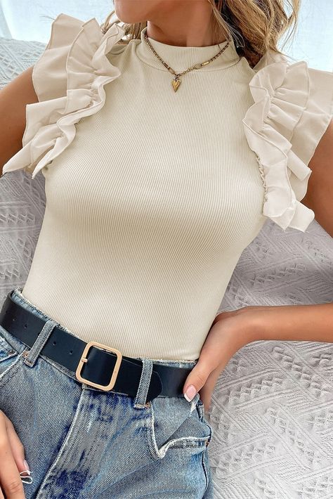 $5.28 Beige Ruffle Flutter Sleeve High Neck Ribbed Blouse Wholesale Mock Neck And T Shirt, Slim Blouse, Beige Blouse, Style Français, Sleeveless Tshirt, 가을 패션, Women Tops, Sleeveless Blouse, Ruffle Trim