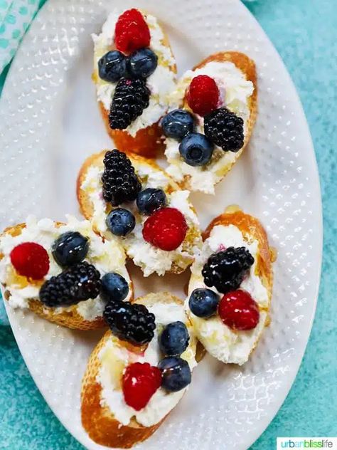 4th of July Appetizers | Patriotic Recipes | Your New Foods Tropical Sangria Recipe, July 4th Appetizers, Summer Party Appetizers, Ricotta Crostini, Yummy Appetizers Parties, Bbq Appetizers, Sweet Appetizer, Crostini Recipes, Delicious Appetizer Recipes