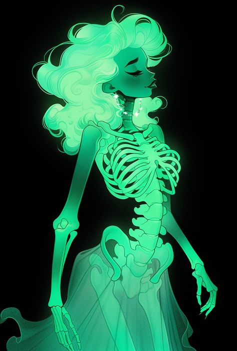 Ghost Lady Art, Ghost Lady Drawing, Light Creature Fantasy Art, Glowing Character Design, Ghost Oc Design, Radioactive Character Design, Ghost People Drawing, Ghost Woman Art, Female Ghost Art