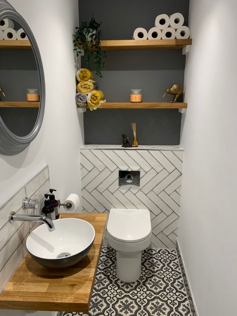 Downstairs Toilet Half Tiled, Mustard Downstairs Toilet, Downstairs Toilet Sink Splashback, Downstairs Toilet Ideas No Window, Tiles Downstairs Toilet, Wc Shelf Ideas, Small Funky Toilet Ideas, Clock Room Toilet Ideas, Quirky Downstairs Toilet