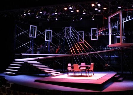 An unidentified design--perhaps for "Next to Normal?!"  --NOTE how uneven levels and tilted walkways give the entire set an "unsettled" feeling.  --DESIGN a set for "Amadeus" that uses unconventional color to signify madness. Fashion Show Stage Design, Stage Lighting Design, Theatre Inspiration, Tv Set Design, Next To Normal, Set Design Theatre, Stage Set Design, Event Stage, Theatre Design