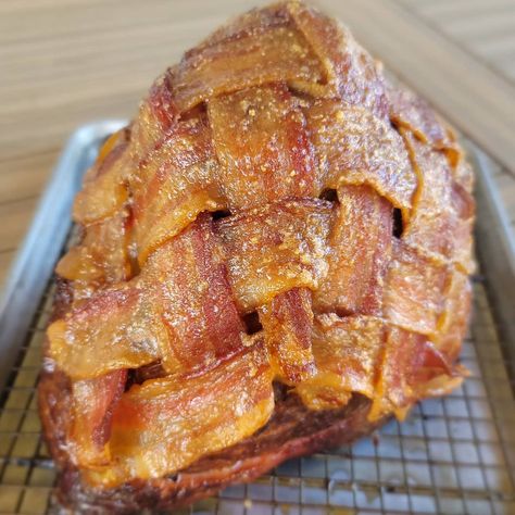 Bacon Wrapped Ham, Bacon Weave, Bacon Crisps, Ham Dinner, Holiday Ham, A Thing Of Beauty, Smoked Ham, Pellet Grill, Smoked Bacon