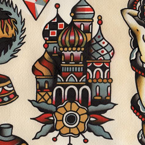 Russian Orthodox Cathedral Tattoo Flash Russian Tattoos, Cathedral Tattoo, Church Tattoo, Samoan Tattoos, Americana Tattoo, Traditional Tattoo Old School, 16 Tattoo, Castle Tattoo, Russian Tattoo