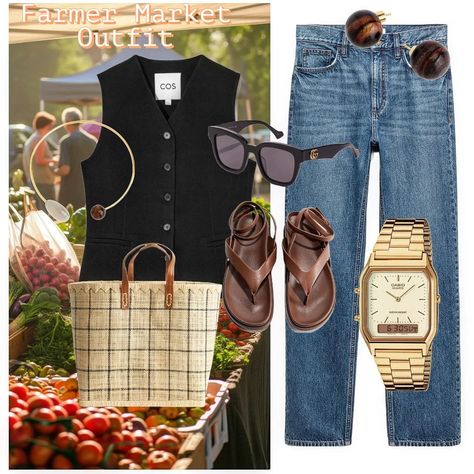 Farmer Market Outfit Idea: Saturday is at the door and was thinking to have a look at flea market & the new farmer market. If it is chilly in the morning will add my trenchcoat. Happy Friday 😊 #farmermarket #outfit #inspiration Farmer Market Outfit, Farmers Market Outfit, Market Outfit, Farmer Market, Androgynous Style, At The Door, Summer Inspo, Outfit Idea, Flea Market