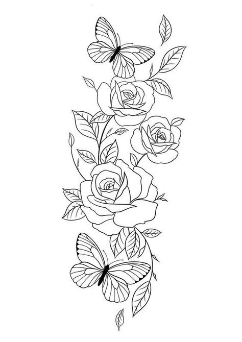 Butterfly And Flower Tattoo Ribs, Roses And Butterfly Tattoo Design, Floral Tattoo Stencil Outline, Flower Tattoo Stencils Outline Design, Butterfly Tattoo With Roses, Flower Tattoos Outline, Flower Tattoos Stencil, Roses And Butterfly Tattoo, Butterfly And Flower Tattoo Designs