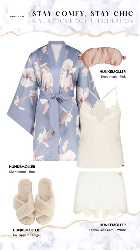 Get cozy and stylish at home with this Hunkemoller home outfit. The Isla Kimono in a beautiful blue shade adds a touch of elegance, while the slippers provide comfort for your feet. Complete the look with a pink sleep mask for a peaceful night's rest. For a touch of femininity, the Sophia Lace Cam is perfect for lounging around #HomeStyle #CozyLoungeWear #LoungeWear #HouseWear #SleepWare #WomenNightWear Housewear Outfit, Elegant Home Outfit, Night Sleep Outfit, Lounge Wear Outfits Stylish, Pink Sleep Mask, Classy Loungewear, Sleep Outfit, Elegant Loungewear, Cute Lounge Outfits