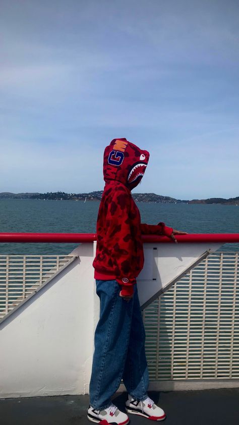 Bape Jacket Outfit, Outfits With Bape Hoodie, Bape Red Hoodie, Bape Shark Hoodie Aesthetic, Red Bape Jacket, Bape Shark Jacket, Hoddies Outfits, Bape Jacket, Bape Shark