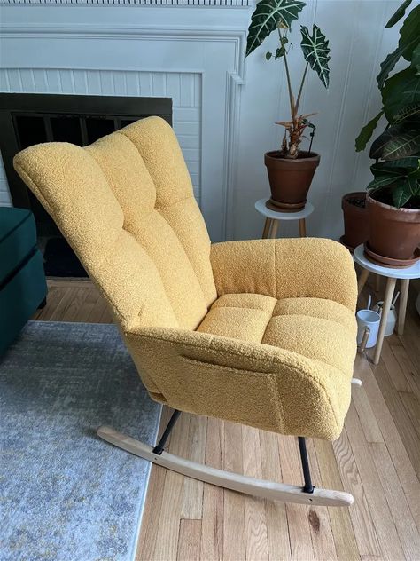 9 Budget Accent Rocking Chairs for Living Rooms (Mid-Century Modern) Simple Rocking Chair, Mid Century Modern Rocking Chair, Mcm Living Room, Mcm Living, Upholstered Rocking Chairs, Modern Rocking Chair, Comfy Armchair, Accent Seating, White Couches