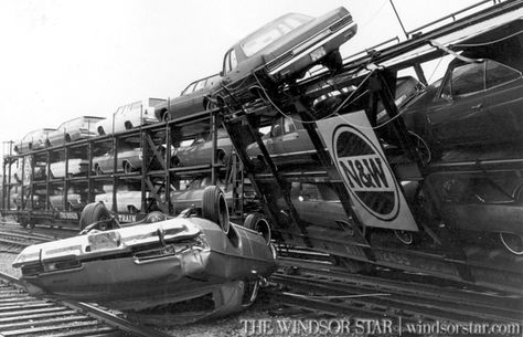 New cars topple from their rail car after the rail cars skipped the track along the city’s watrefront rail line.(The Windsor Star-FILE) Car Yard, Car Memorabilia, Car Hauler, Old Vintage Cars, Abandoned Train, Car Carrier, Railroad Photos, Rail Car, Old Trains