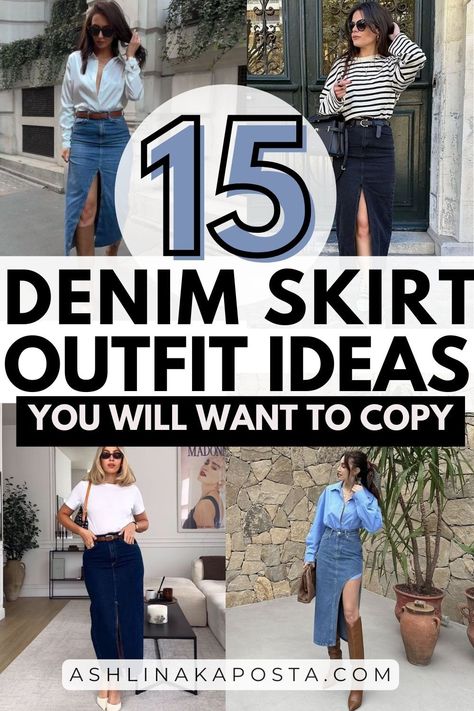 15+ simple denim skirt outfit ideas you will want to wear this Fall — ASHLINA KAPOSTA Long Denim Skirt Outfit Summer Casual, How To Style A Long Denim Skirt, Long Jean Skirt Outfits Summer, Denim Midi Skirt Outfit Winter, Midi Skirt Winter Outfit, Long Denim Skirt Outfit Street Styles, Midi Jean Skirt Outfits, Jean Skirt Outfits Fall, Chic Outfits Black