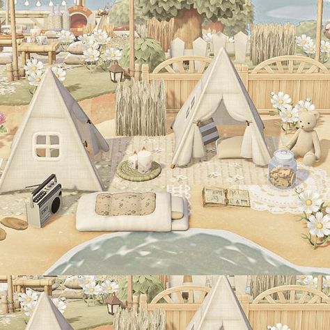 Rebecka on Instagram: "mini campsite on the beach 🩷 #magnoliabeckapresets" Acnh Beach Design Ideas Cottagecore, Acnh Beach Decoration, Acnh Cottage Core Beach, Animal Crossing Beach Campsite, Acnh Glamping, Beach Campsite Acnh, Beach Campsite Animal Crossing, Acnh Campsite Designs Beach, Acnh Beach House Exterior Ideas