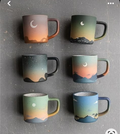 Sunset Mug Paint, Men’s Pottery Painting, Mug Painting Ideas Mountains, Pottery Mug Designs Painted, Sunset Pottery Painting, Paint A Pot Ideas Mug, Slab Mug Ideas, Coffee Drink Bar, Cups Painting