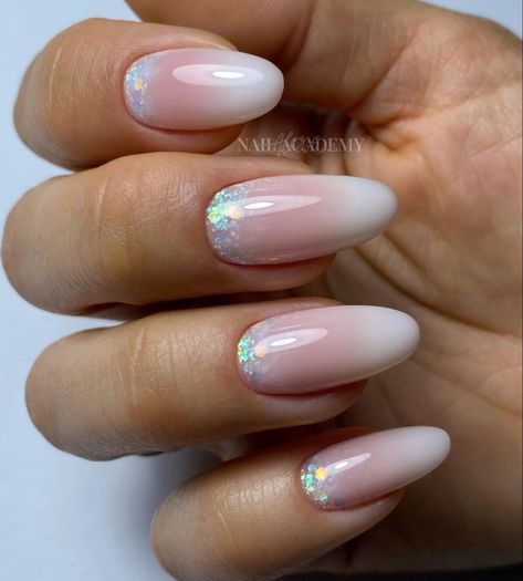 Almond Baby Boomer Nails, Baby Boomer Nails, Baby Glam, Baby Boomers Nails, Hard Gel Nails, Gel Toe Nails, Milky Nails, White Glitter Nails, Ombre Nails Glitter