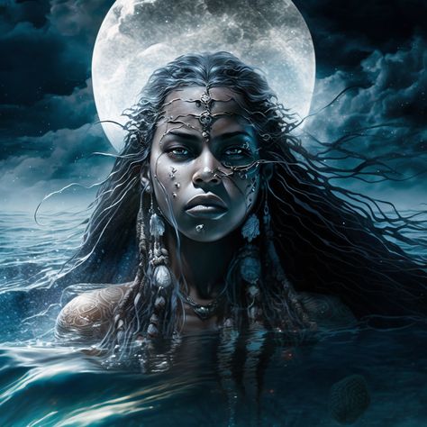 Water Goddess Drawing, Water Goddess Tattoo, Black Moon Goddess, Water Goddess Aesthetic, Yemoja Goddess, Water Goddess Art, Atabey Goddess, Space Goddess, Mermaid Goddess