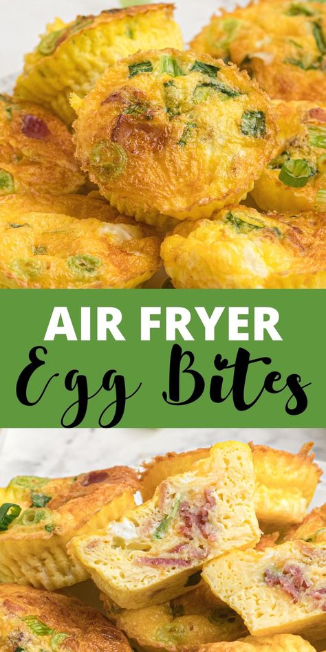 Air fryer egg bites are an easy, delicious, and nutritious breakfast. Each bite is full of the flavors of cheese, onion, and bacon. Egg Muffins Breakfast Air Fryer, Air Fry Egg Bites, Egg Bites In Air Fryer, Egg Bites Air Fryer Recipes, Air Fryer Egg Bites Recipes, Air Fryer Breakfast Recipes Eggs, Egg Bites Air Fryer, Air Fryer Egg Bites, Nuwave Recipes