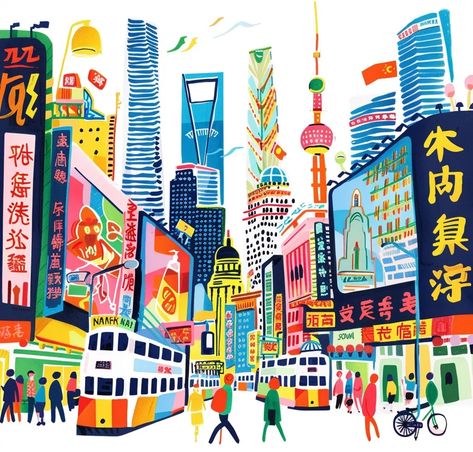 The image shows a busy street in Shanghai, China. The street is lined with tall buildings, many of which are covered in neon signs ->> more details in ai-img-gen.com Street Illustration, Jean Jullien, Shanghai City, Tall Buildings, Colorful Illustration, People Walking, Busy Street, Nanjing, Shanghai China