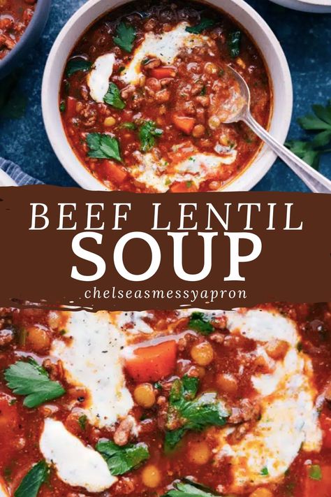 Beef Lentil Soup is packed with tender beef, veggies, and hearty lentils. The seasoning is inspired by the bold flavors of Middle Eastern beef shawarma, with a blend of cinnamon, cumin, cardamom, and paprika. Beefy Lentil Soup, Lentil Soup With Ground Beef, Beef Lentil Soup, Beef Shawarma, Weekday Recipes, Quick Easy Dinners, Chelsea's Messy Apron, Beef Soup Recipes, Most Pinned Recipes