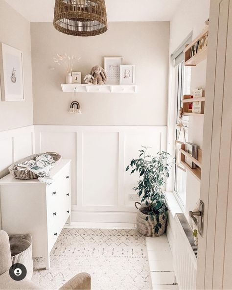 Nursery Half Wall, Paneling Nursery, Half Wall Paneling, Minimalist Nursery Ideas, Half Wall Ideas, Soft Decor, Minimalist Nursery, Decor Elements, White Furniture