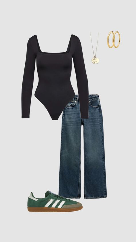 cute outfit #outfitinspo #beauty #cute #outfit #sambas #jeans #bodysuit #gold #aritzia Outfit Ideas Bodysuit, Aritzia Bodysuit Outfit, Outfits With Bodysuits, Jeans And Bodysuit Outfits, Bodysuit Outfit Jeans, Black Bodysuit Outfit, Body Suit Outfit, Jeans And Bodysuit, Makeup Accesories