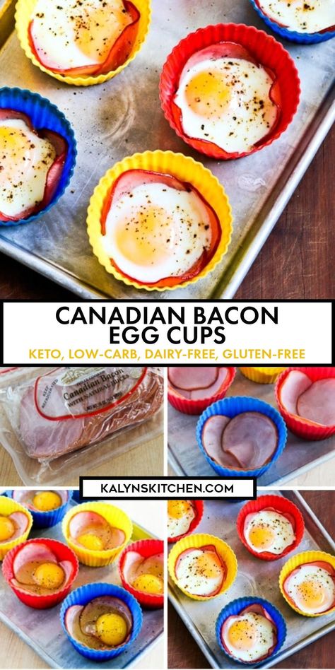 Pinterest image of Canadian Bacon Egg Cups with text, photo of egg cups on baking sheet, and process shots collage. Canadian Bacon Egg Cups Muffin Tins, Canadian Bacon Egg Cups, Muffin Pan Eggs, Canadian Bacon Recipes, Bacon Bowl, Bacon Egg Cups, Keto Egg Recipe, Bacon Cups, Almond Flour Bread