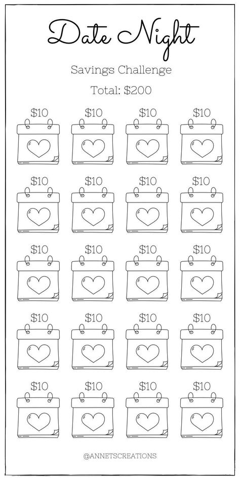 Date Night Savings Challenge, Low Income Savings Challenge, Night Outing, 52 Week Money Challenge, Money Saving Jar, Saving Money Chart, Money Chart, Budget Challenge, Money Saving Methods