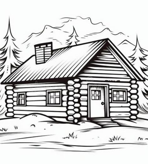 Log Cabin Drawing Simple, Simple Cabin Drawing, How To Draw A Log Cabin, Wood House Drawing, Cabin Drawing Simple, Log Cabin Tattoo, Cabin In The Woods Drawing, Log Cabin Drawing, Log Tattoo