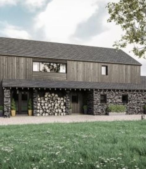 Scorched larch & stone cladding Barn Conversion Exterior, Larch Cladding, Wooden Cladding, Contemporary Barn, House Cladding, Barn Renovation, House Design Exterior, Modern Barn House, Rural House