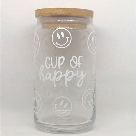 Beer Can Glass Cup Cup Of Happy 16 Oz Nwt | Color: Tan/White | Size: 16oz #svg #svgquotes #svgideas #svgfiles #freesvg #svgdesigns Circuit Glass Cups, Teacher Vinyl Cups, Cute Tumbler Cups Design, Glass Cup Designs Vinyl, Christmas Cricut Cups, Cricut Beer Can Glass Ideas, Glass Cup Vinyl Ideas, Clear Mugs With Vinyl, Glass Coffee Cup Design