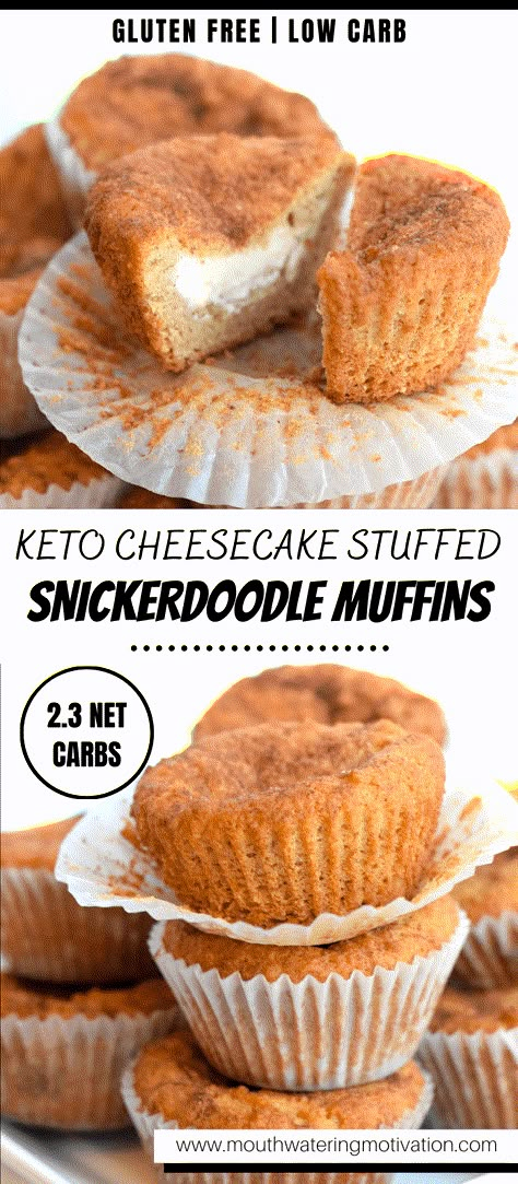 Keto Cheesecake Stuffed Snickerdoodle Muffins | Mouthwatering Motivation Stuffed Muffins, Snickerdoodle Cheesecake, Snickerdoodle Muffins, Low Sugar Diet Recipes, Keto Muffins, Cheesecake Muffins, Low Carb Low Fat Recipes, Keto Lasagna, Low Carb Low Sugar