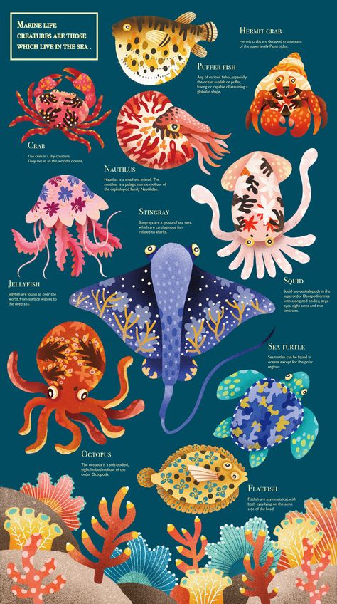 Marine life on Behance Biology Painting Ideas, Marine Life Painting, Water Graphic Design, Marine Life Art, Kristina Webb, Sea Creatures Art, Ocean Illustration, Marine Science, Sea Illustration