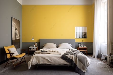 Yellow Feature Wall Bedroom, Grey And Mustard Bedroom, Grey And Yellow Bedroom Ideas, Yellow Walls Bedroom Ideas, Drew Ideas, Yellow And Grey Bedroom, Grey And Yellow Bedroom, Background Furniture, Mustard Bedroom