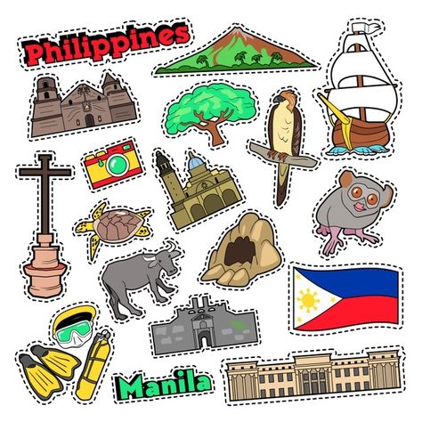 Philippines travel set with architecture... | Premium Vector #Freepik #vector #banner #vintage #tree #city Relief Goods Philippines, Araling Panlipunan Design, Philippine Jeepney, Travel Stickers Printable, Paper Napkin Folding Ideas, Elf On The Shelf Arrival, Vector Doodle, Philippine Art, Philippines Culture