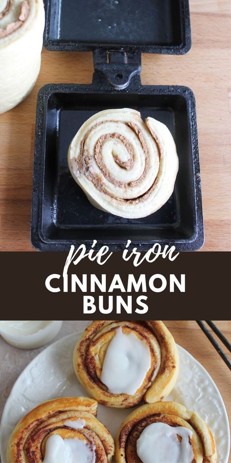 Pie Iron Cinnamon Rolls, Camping Pack List, Mountain Pie Recipes, Pudgy Pie Recipes, Campfire Cinnamon Rolls, Pie Iron Cooking, Lake Snacks, Campfire Pies, Pie Irons