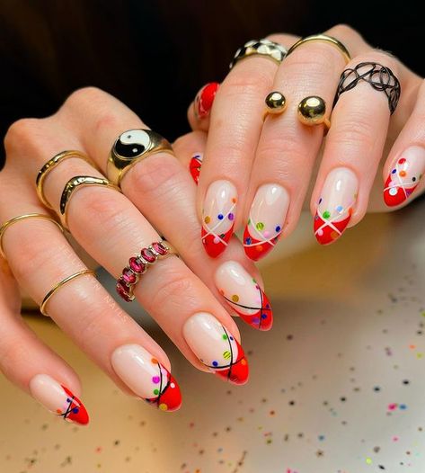 𝗝𝗲𝗺𝗮 𝗕𝗮𝘆𝗻𝗲𝘀 🌵 on Instagram: "dainty little lights ♥️🚨✨ painted using|• @magpie_beauty 🖤 ~~~~~~~ #christmasnails #christmasvibes #xmasnails #christmasnailart #rednails #frenchtipnails #frenchtips #gelmanicure #sequinnails #nailgems #winternails #brightnails #colourfulnails #boldnails #mixmatchnails #lovenails #negativespacenails #nailstagram #magpiebeauty" Nails For New Years, Nail Design Winter, Winter Nails Designs, French Tip Nail Art, Red Christmas Nails, Light Nails, Snowflake Nails, Winter Nail Designs, French Tips