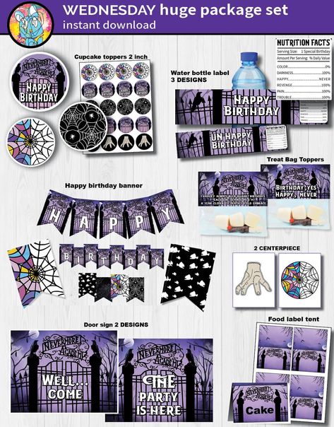 Gothic Wednesday Addams Nevermore Package set | Addams Family Party Decorations Printable Banner water label cupcake | instant download etsy Nevermore Birthday Party, Birthday Party Wednesday Theme, Wendsday Adams Birthday Party, Diy Wednesday Addams Party Decor, Addams Family Party Favors, Wednesday Addams Birthday Banner, Wednesday Addams Birthday Party Games, Wensday Adams Party Ideas, Wednesday Party Decor