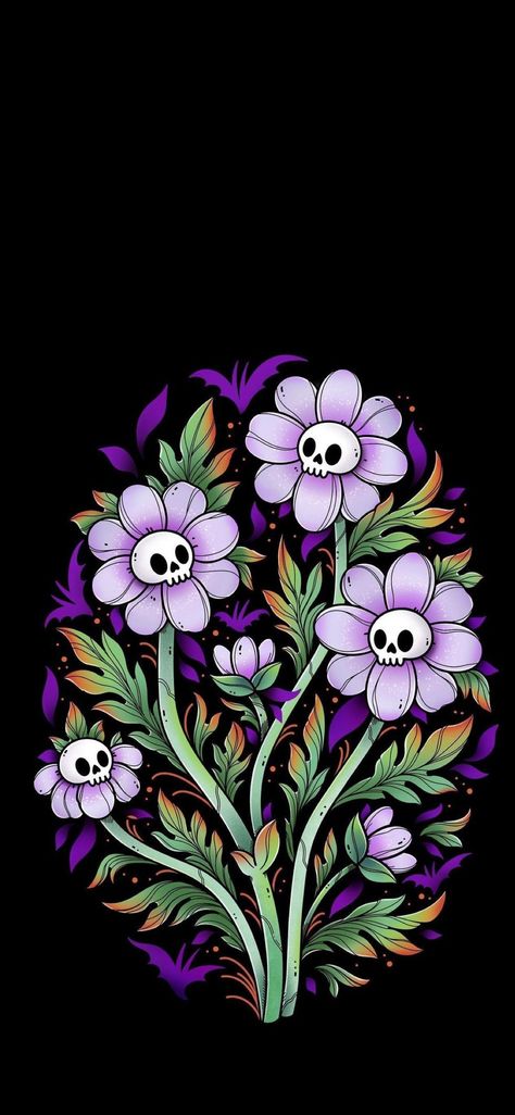 Halloween Art Wallpaper Iphone, Halloween Artwork Illustration, Halloween Flower Drawing, Spooky Flowers Drawing, Halloween Flower Tattoo, Cute Skull Wallpaper, Summerween Wallpaper, Witchy Background Aesthetic, Goth Halloween Aesthetic